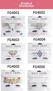 Six sets of colorful rhinestone face gems with holographic and pastel crystal designs