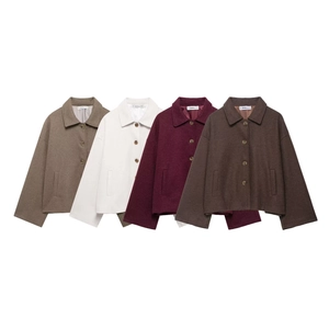 Women Vintage Woolen Like Jacket Lapel Single Breasted Long Sleeve Loose Casual Solid Short Outwear Pocketed