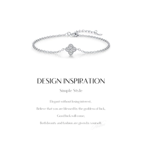 Detail of s925 silver four-leaf clover bracelet with sparkling cubic zirconia inlay