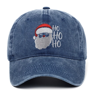 Navy blue washed cotton baseball cap with embroidered Santa Claus and HO HO HO text