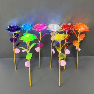 Set of 7 colorful holographic gold foil roses with LED lights for holiday gifting