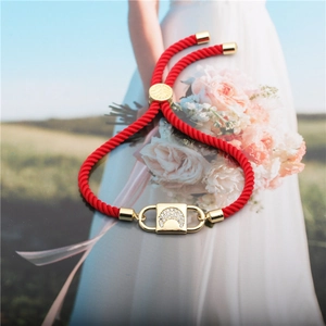 Adjustable red rope bracelet with gold zircon crescent moon and star charms for women