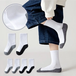 Kids School Student White Socks Middle Tube Breathable Mesh Athletic Knit Footwear Contrast Heel Toe Color For Boys Girls
