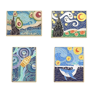 Set of 4 geometric enamel pins featuring Van Gogh's Starry Night with artistic whale and ghost
