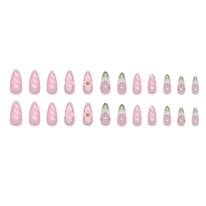 Pink almond press-on nails set with 3D floral accents and gold beads decoration