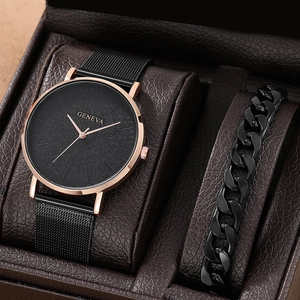 Men Ultra Thin Quartz Watch And Curb Chain Bracelet Set Alloy Case Stainless Steel Mesh Band Business Fashion