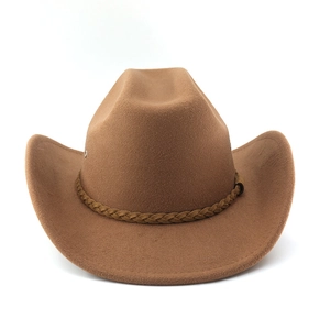 Detail view of brown felt cowboy hat showing woven band and breathable side eyelets