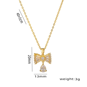 Gold bowknot necklace with zircon teardrop pendant and size specifications