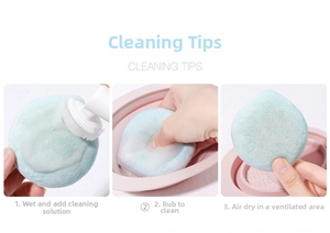 Three-step cleaning guide for soft blue flocking makeup puff using a textured pink basin