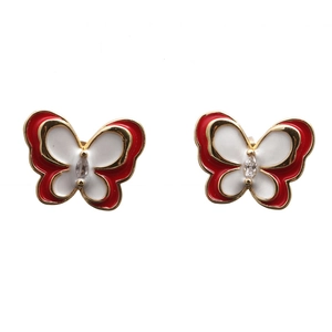 Elegant gold butterfly stud earrings with red and white enamel and clear gemstone center