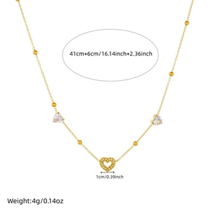 Gold plated stainless steel heart necklace with rhinestones and measurement details