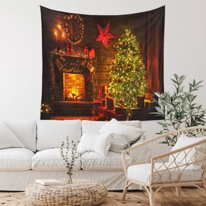 Detailed Christmas scene tapestry featuring a cozy fireplace and decorated tree indoors