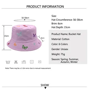 Purple reversible cotton bucket hat with colorful butterfly embroidery and size specifications