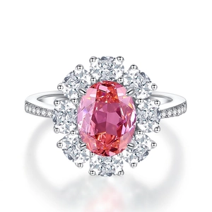 Luxury S925 silver ring featuring a large pink oval ice cut zircon with flower halo