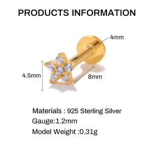 Technical drawing showing S925 silver flower piercing dimensions and thread specifications