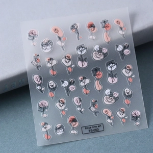 Detailed view of TS-050 3D nail art stickers with minimalist black rose line art patterns