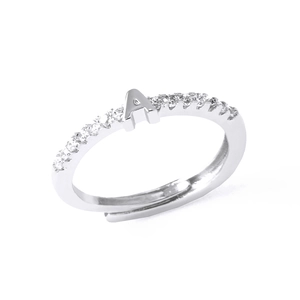 Silver letter A adjustable ring with micro-paved diamonds on white background