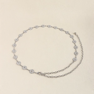 Detail of silver rhinestone waist chain showing rings, lobster clasp and extension chain