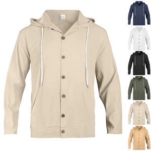 Detail view of khaki cotton linen hooded shirt with button placket and color variations