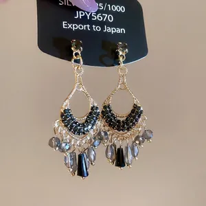 Vintage Ethnic Tassel Drop Dangle Earrings With Rhinestone Glass Beads And 925 Sterling Silver Earring Post For Women