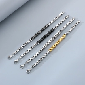 Detail of four Byzantine-style stainless steel bracelets in silver, black and gold finishes