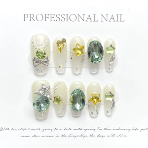 Handmade Press On Nails With Green Gemstones Glitter Butterfly Star Heart Dreamy Sweet Long Fake Nails For Women