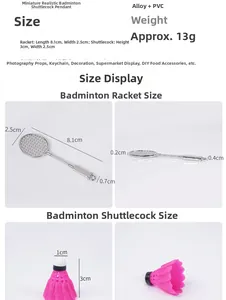Detailed size specifications of mini alloy badminton racket and pink shuttlecock keychain