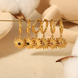18K gold plated stainless steel daisy hoop earrings with colorful zircon sunburst charms