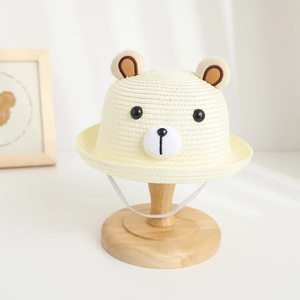 Cappello di paglia beige per bambini con orecchie da orso e cinturino per il sole
