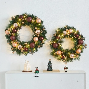 Christmas Wreath LED Light Snow Flocked Artificial Pine Cone Berry Bow Xmas Decoration Door Wall Hanging