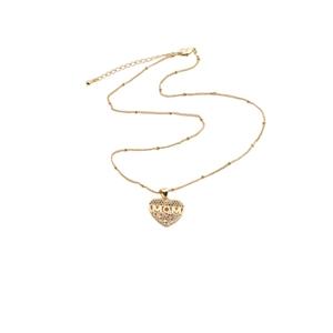 Detail of gold heart pendant with colorful crystals and MOM lettering on a beaded chain