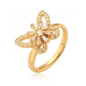 Elegant 18K gold plated butterfly open ring with sparkling zircon stones on white background