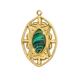Detailed close-up of a gold hollow pendant featuring a striped green malachite stone