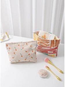Corduroy Cosmetic Bag Floral Abstract Striped Large Capacity Makeup Pouch Portable Toiletry Organizer For Women Canvas Lining