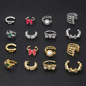 16pcs set of gold and silver ear cuffs with micro-set zircon bows and spiders