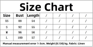Size guide table for women's layered shirt and skort set with linen fabric details