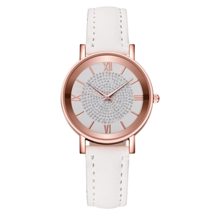 Detail of rose gold watch face with crystal pave center and Roman numeral markers
