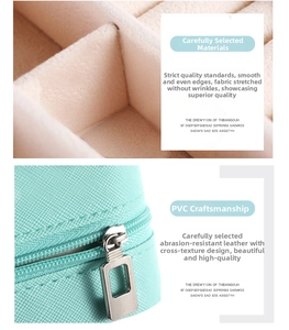 Detail of mint green cross-grain PU leather jewelry box with silver zipper and soft lining
