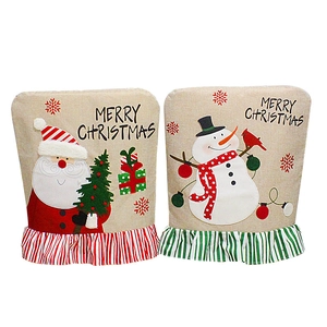 Housses De Dossier De Chaise De Noël Toile De Jute Lin Père Noël Bonhomme De Neige Broderie Décoration De Salle À Manger Bordure À Volants