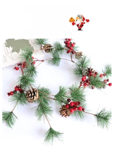 Detail of 1.8m Christmas garland with artificial pine needles, pine cones and red berries