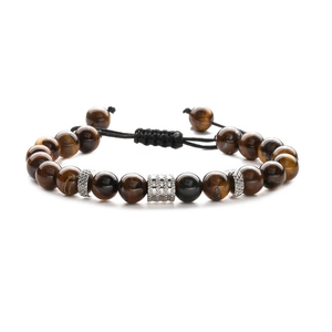 Adjustable tiger eye stone beaded bracelet with braided black cord and silver metal spacers