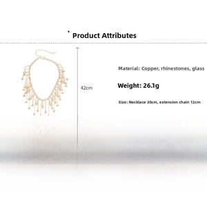 Detailed dimensions of crystal tassel necklace with copper and rhinestone materials