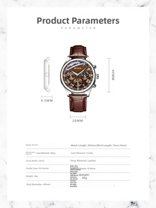Macro detail of men's business quartz watch showing 40mm case dimensions and brown leather strap