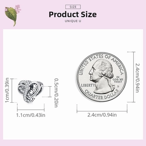 Size chart showing S925 sterling silver heart mom charm next to a quarter coin