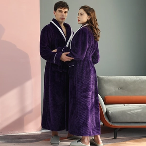 Thick purple flannel couple robes with contrast white collar and long length design