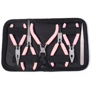 6-piece mini pink jewelry tool set with pliers and tweezers in a black zipper case