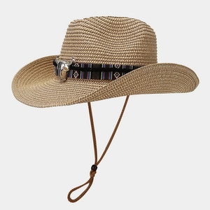 Retro straw Panama cowboy hat with ethnic band and silver bull head decoration