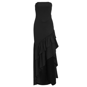 Detail of corset bodice and layered asymmetric ruffle hem on black strapless dress