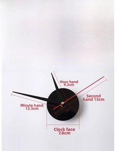 Detail view of DIY clock kit including mechanism and hands with precise measurements