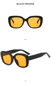 Front and side views of square sunglasses with black frames and orange lenses
